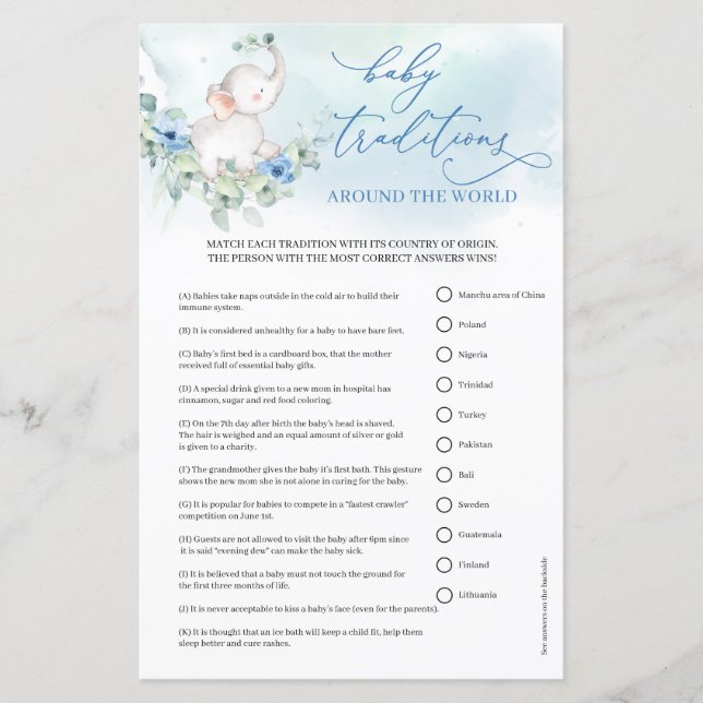 Boho blåa blommor-pojkens elefant Baby Traditions (Framsida)