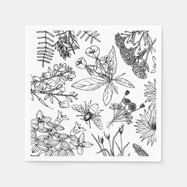 Boho Black and White Wildblomma Pappersservett (Framsidan)