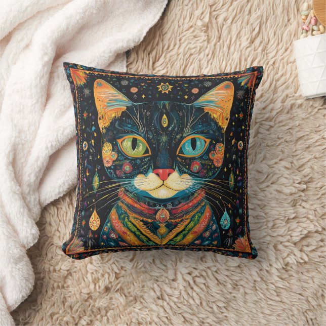 Boho Black Cat Mönster Dekorativ kudde (Filt)