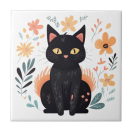 Boho Black Cat Scandinavian Folk Art Kakelplatta