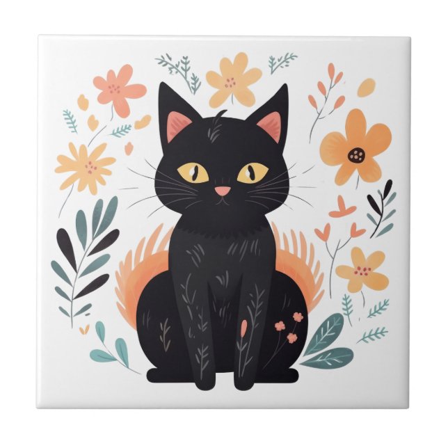 Boho Black Cat Scandinavian Folk Art Kakelplatta (Framsidan)