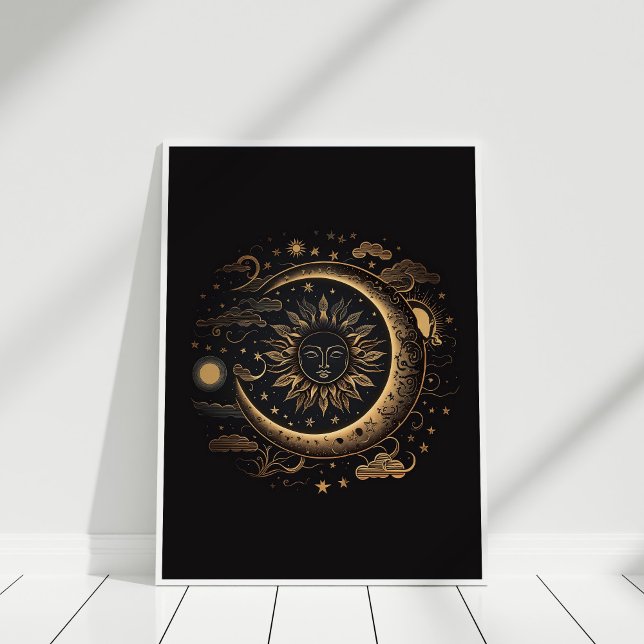 Boho Black Copper Sol och Måne Wall Art Poster (Boho Black Copper Sun and Moon Wall Art in a white frame against white wall.)