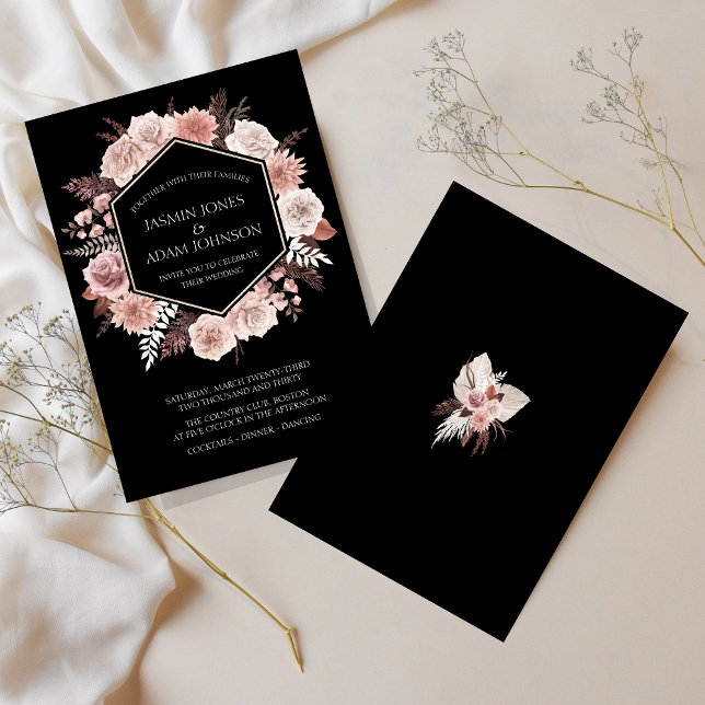 Boho Black Dusty Rosa Dried Flowers Wandan Bröllop Inbjudningar (Boho Black Dusty Pink Dried Flowers Wreath Wedding Invitation)