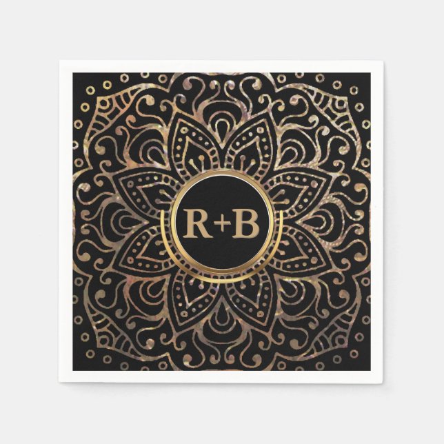 Boho Black Gold Foil Mandala Bröllop Monogram Pappersservett (Framsidan)