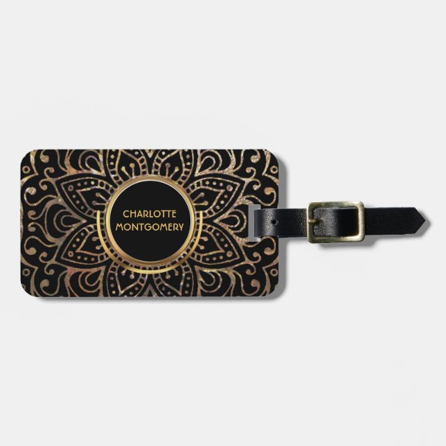 Boho Black Gold Foil Mandala| Monogrammat Girly Bagagebricka (Horisontell Framsida)