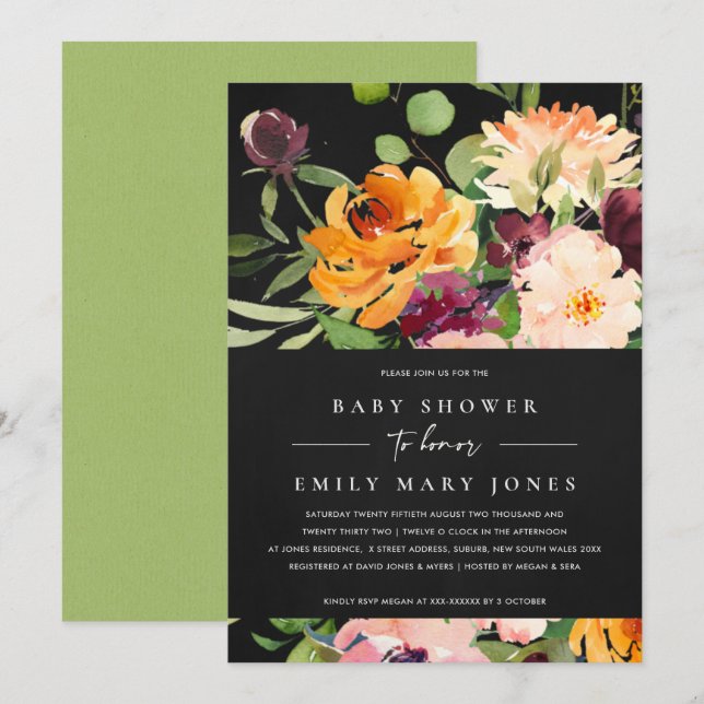 BOHO BLACK  GULT ORANGE BLOMMIGT BABY SHOWER INBJUDNINGAR (Fram/baksida)