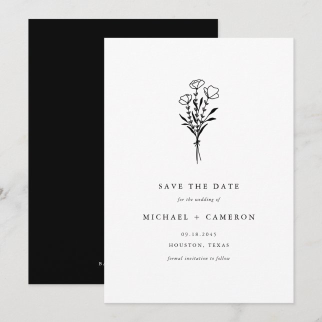 Boho Black Minimalist Botanical Bouquet Spara Datumet (Fram/baksida)