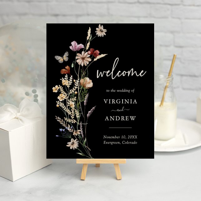 Boho Black Welcome Bröllop Poster (Black Boho Watercolor Floral Welcome Wedding Poster with Butterfly by Painted Paperie
)