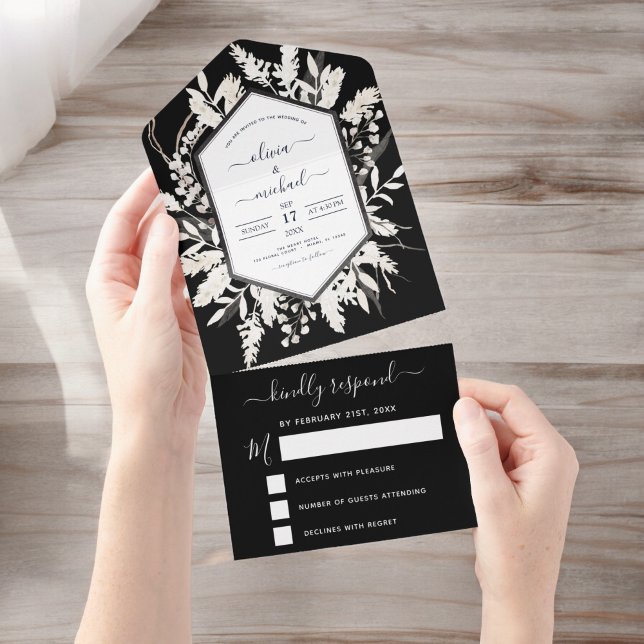 Boho Black White Beige Botanical Bröllop (Skapare uppladdad)