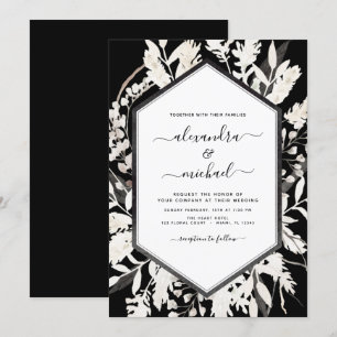 Boho Black White Beige Botanical Bröllop Inbjudningar