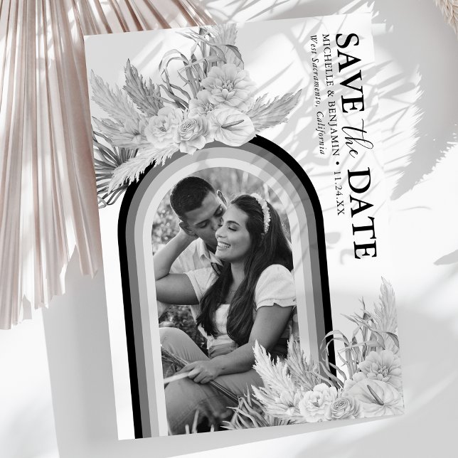 Boho Black White Blommigt Photo Save Date Spara Datumet (Skapare uppladdad)