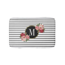 Boho Black White Stripe Vintage Blommigt Monogram