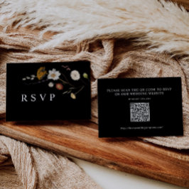 Boho Black Wildblommes Bröllop OSA QR-kodkort Anteckningskort