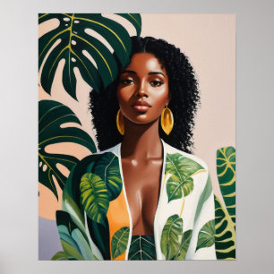 Boho Black Woman Botanical Porträtt Poster