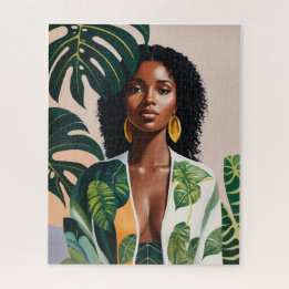 Boho Black Woman Botanical Porträtt Pussel