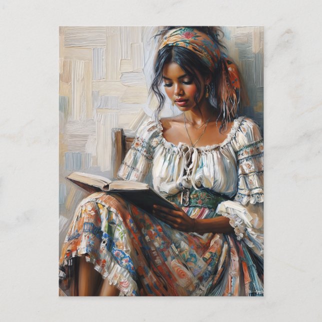 Boho Black Woman Reading Bohemian Vykort (Framsida)