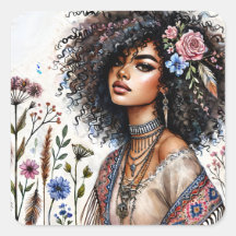Boho Black Woman With Curly Hair Watercolor