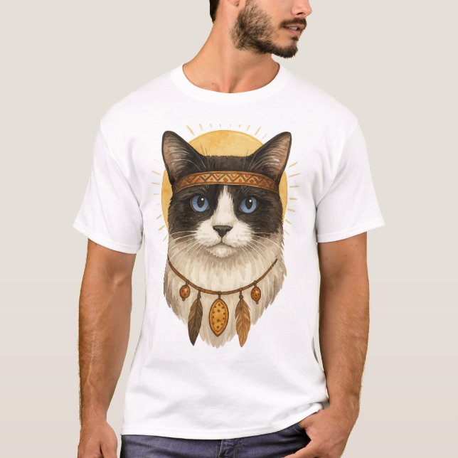 Boho Blåögd Katt Drömfångare Grafisk T-Shirt (Framsida)