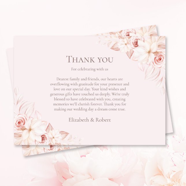 Boho Blek Rosa ros Bröllop Tack Kort (Boho Pale Pink Roses Wedding Thank You Card on table with pink roses.)