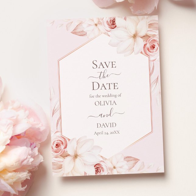 Boho Bleka Rosa Rosor Spara Datum Kort (Boho Pale Pink Roses Save the Date Card on table with pink roses.)