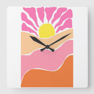 Boho blekrosa och orange solnedgång fyrkantig klocka
