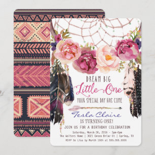 Boho blom- Dreamcatcher 1st födelsedaginbjudan Inbjudningar