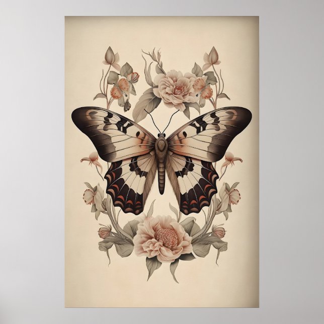Boho blomma fjäril tryck, Moody Butterfly Vägg Poster (Framsidan)