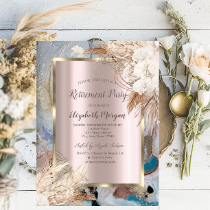 Boho blomma guld ram,Roséguld,Marmor Pensionering Inbjudningar