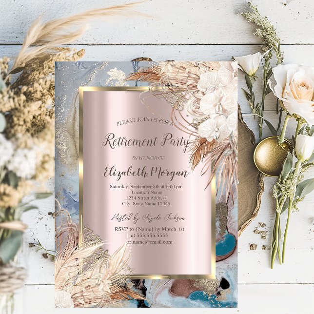 Boho blomma guld ram,Roséguld,Marmor Pensionering Inbjudningar (Skapare uppladdad)