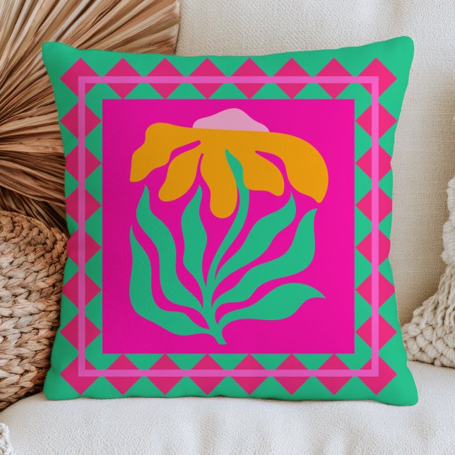 BOHO-blomma på fuchsia rosa & grön retroblomma Kudde (Skapare uppladdad)