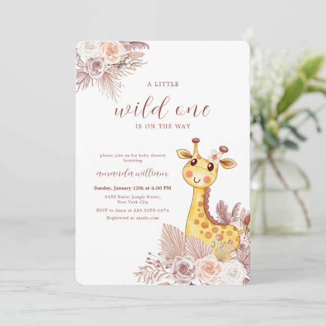 Boho Blomma Vildmark Safari Giraff Babyfirande Inbjudningar (Stående Fram)