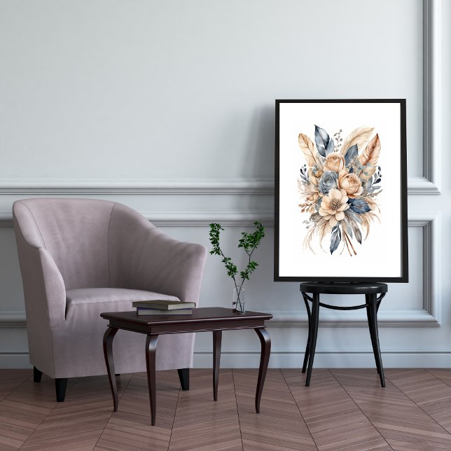 Boho blommande dammig blå beige akvarell blommor poster (Boho Floral Botanical Feathers Wall Art, Watercolor Art print poster, Dusty Blue Beige Neutral Color)