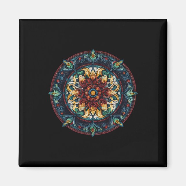 Boho blommande lotus mystisk cirkel mandala mönste magnet (Framsidan)