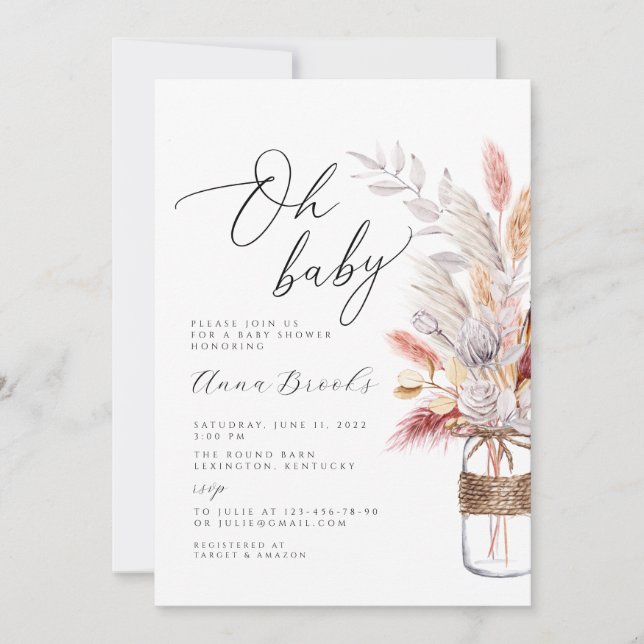 Boho-blommans minimalist Oh Baby babydusch Inbjudningar (Framsida)