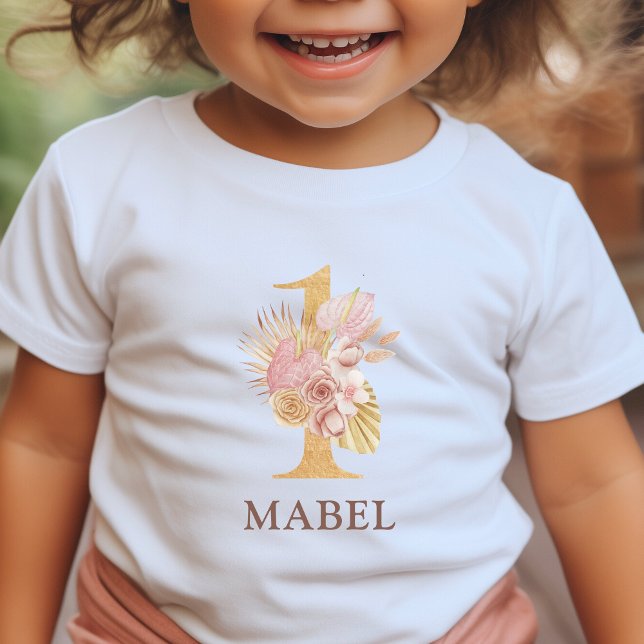 Boho blommig 1-års födelsedagsfest t shirt (Kids 1st Birthday Party T-Shirt floral boho style)