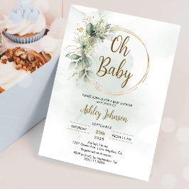 Boho Blommig Åh Baby Grön och Guld Babyfirande Inbjudningar