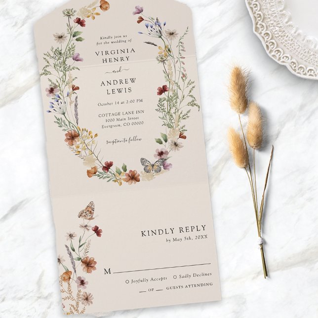 Boho Blommig Allt-i-ett Bröllopsinbjudan (Boho Floral All in One Wedding Invite
)