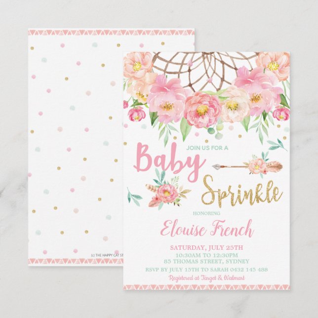 Boho Blommig Baby Shower Sprinkle Drömfångare Inbjudningar (Fram/baksida)