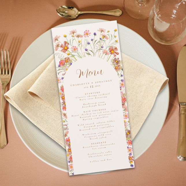 Boho Blommig Båge Höstbröllop Meny (Boho rustic floral arch fall wedding menu watercolor wildflowers elegant script Beige cream ivory)