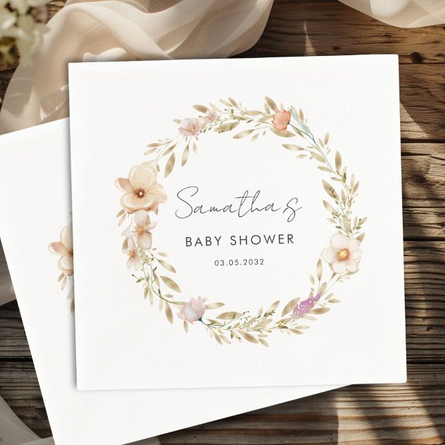 Boho Blommig Bebis Shower Pappersservett (Boho Flower Baby Shower Custom Napkins with your Name & Date. For Baby Girl & Baby Boy.)