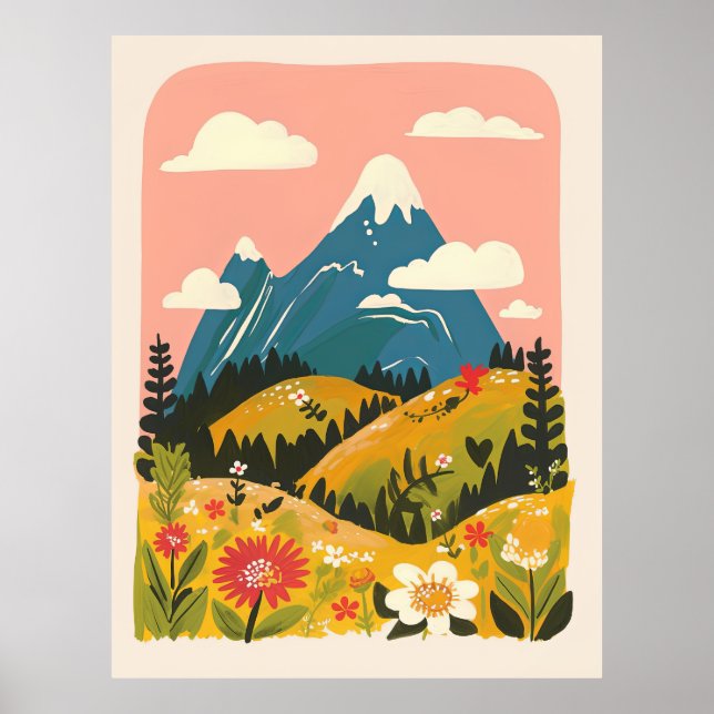 Boho Blommig Bergslandskap Illustration Poster (Framsidan)
