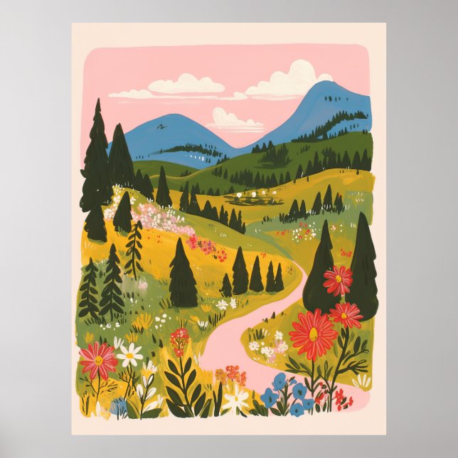 Boho Blommig Bergslandskap Illustration Poster (Framsidan)