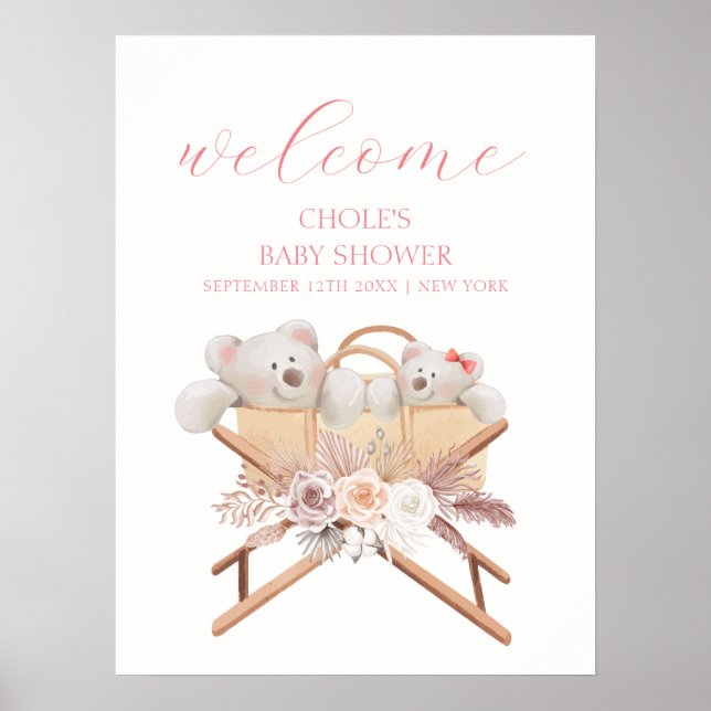 Boho Blommig Björn Bassinet Flicka Baby Shower Väl Poster (Framsidan)