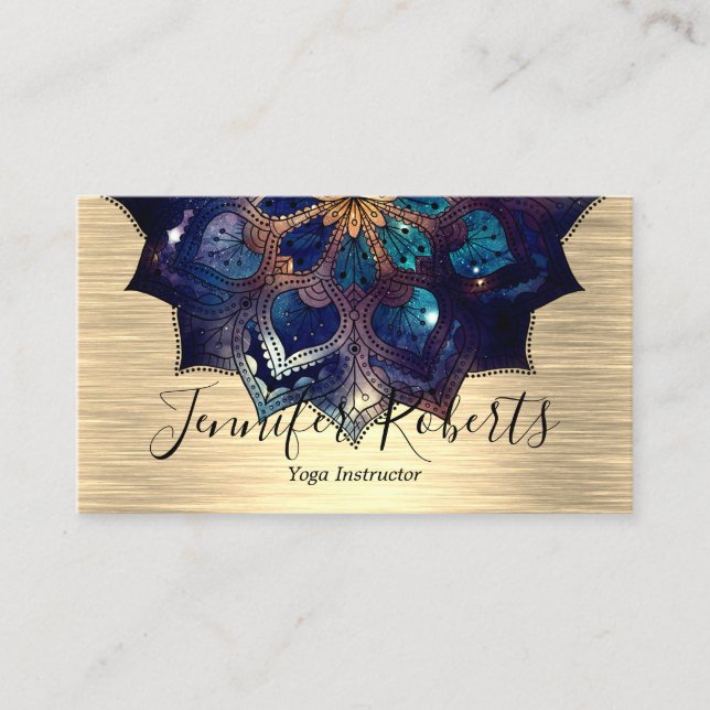 Boho Blommig Blå Guld Mandala Chic Yogainstruktör Visitkort (Framsida)