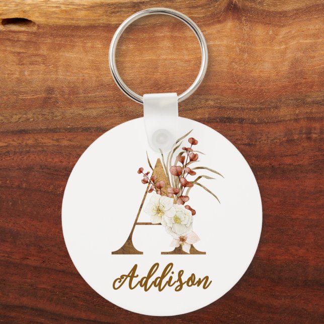Boho blommig bokstav A monogram bröllopsfavorit Nyckelring (Framsida)