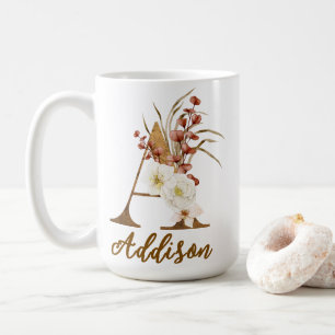 Boho blommig bokstav A monogram bröllopsgåva Kaffemugg