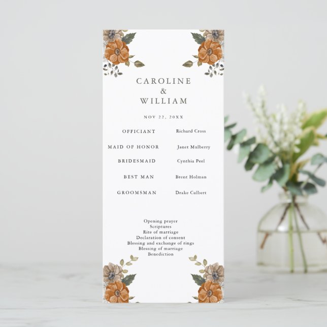 Boho Blommig Bröllop Program (Stående Fram)