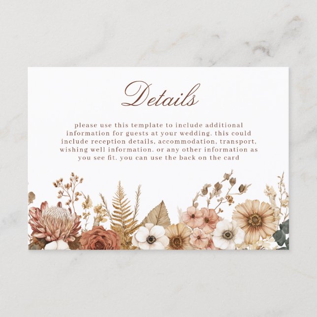Boho Blommig Bröllopsdetalj Tilläggskort (Framsida)