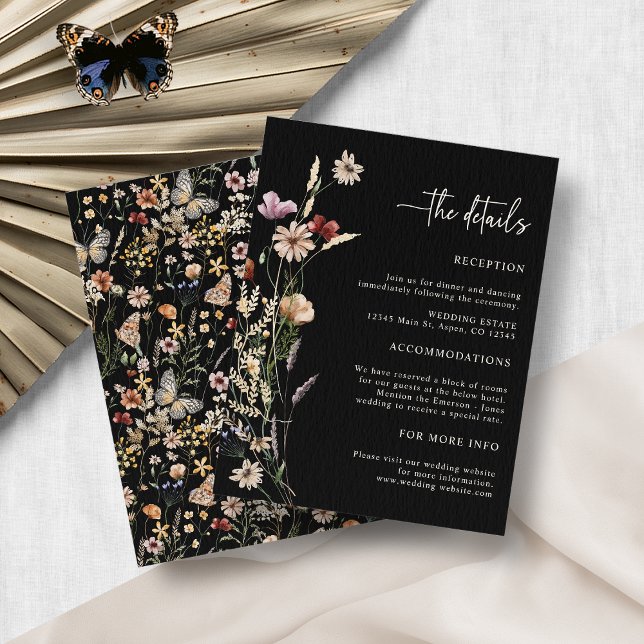 Boho Blommig Bröllopsinkluderingkort Tilläggskort (Elegant Black Boho Floral Wedding Enclosure Card by Painted Paperie
)