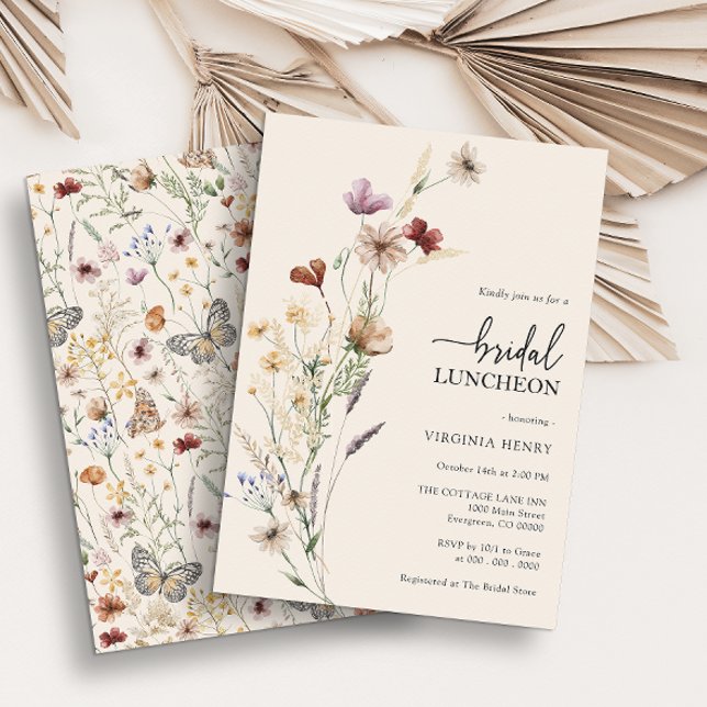 Boho Blommig Bröllopsluncheon Inbjudningar (Rustic Boho Wildflower Bridal Luncheon Invitations with Butterfly by Painted Paperie)